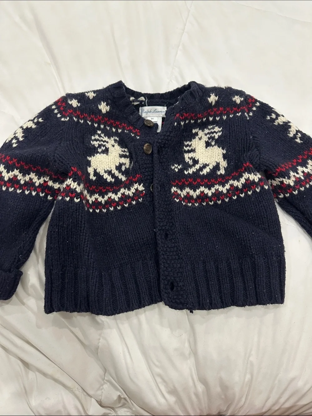 Ralph Lauren Navy Blue Knit Cardigan with White and Red Fair Isle Reindeer